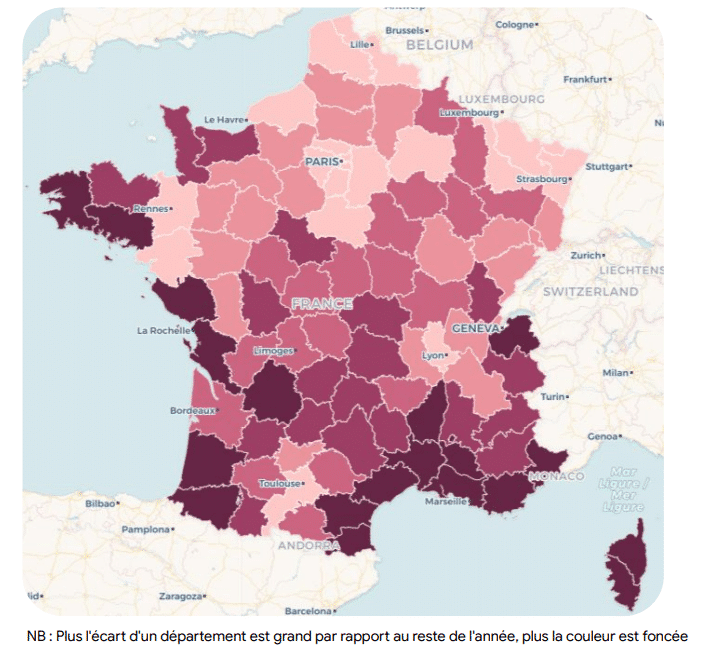 cartographie des départements illustrant les zones favorites des vacanciers en France