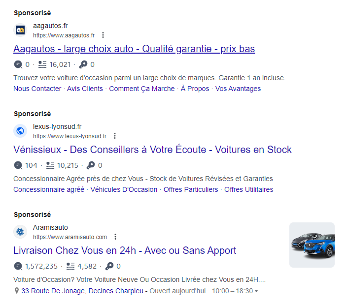 exemple publicité google adwords search de concessions automobile sur le mot clé "renault lyon"