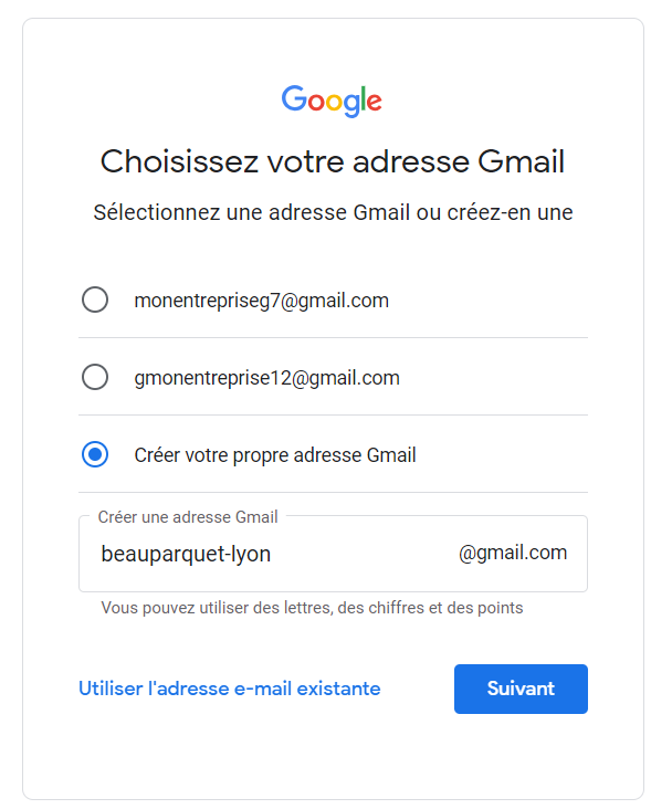Menu création adresse gmail pour obtenir un compte google afin de créer sa fiche Google My Business