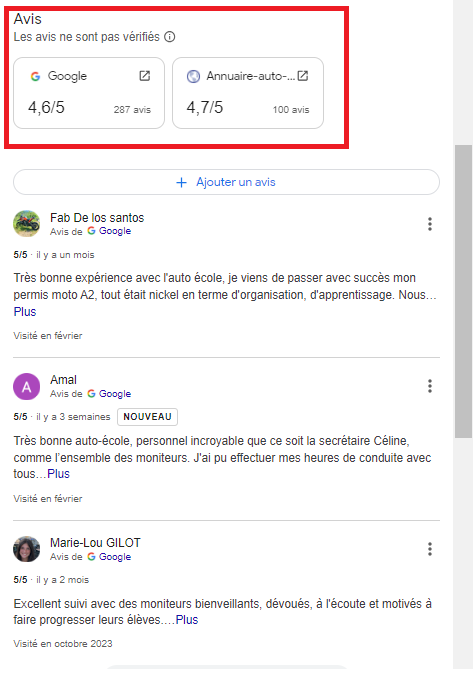 Affichage des avis tiers au sein d'une fiche d'établissement google