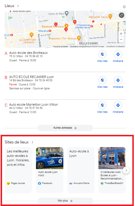 Page de résultats Google laissant apparaitre la rubrique "Sites de lieux"