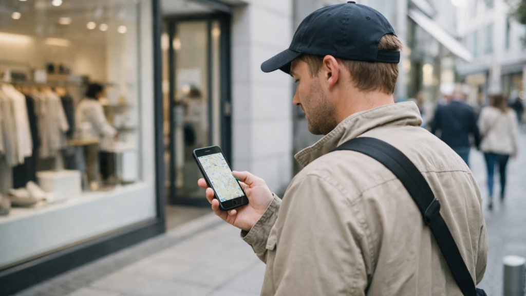 Consommateur consultant son smartphone devant un commerce dans un contexte de recherche locale