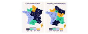 Carte des performances régionales des services automobiles sur Google Business Profile avec les notes moyennes et volumes d’avis par région