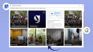 Illustration de photos et vidéos Google Business Profile avec un indicateur de nombre de vues.