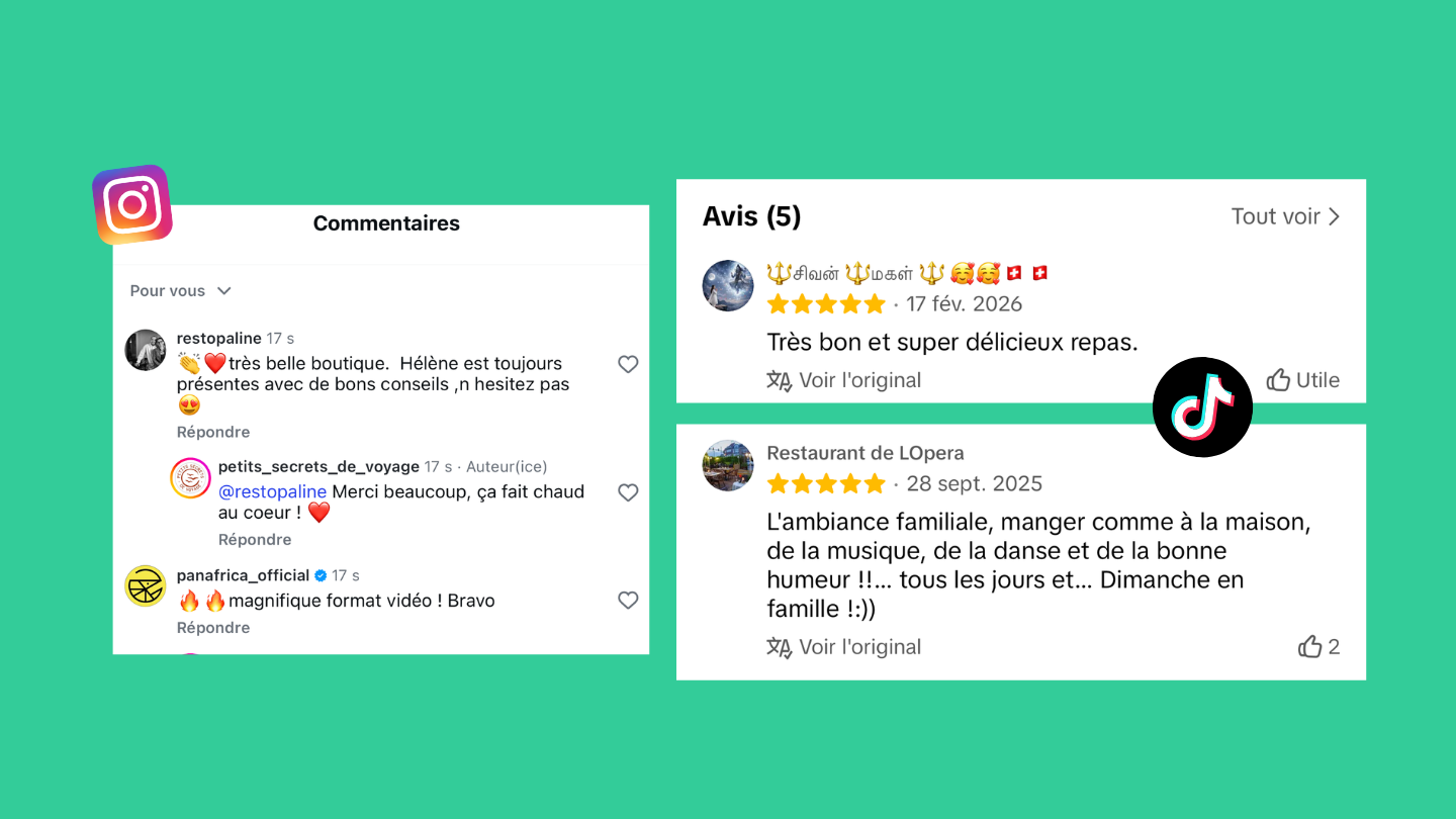 Exemples d’avis, de commentaires et de contenus clients associés à des établissements locaux