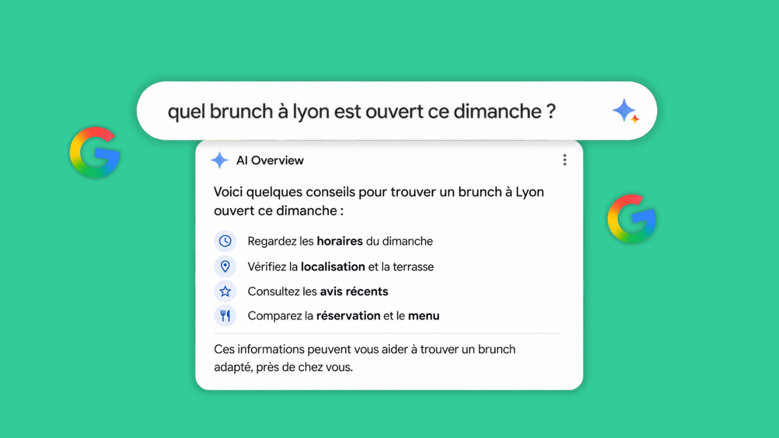Exemple de réponse générée par Google AI Overviews pour une recherche locale en France