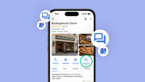 Interface Google Business Profile avec une messagerie client assistée par un agent IA