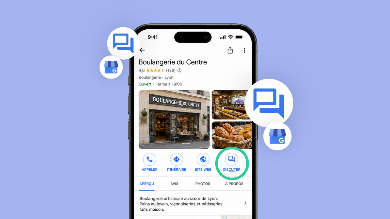Interface Google Business Profile avec une messagerie client assistée par un agent IA
