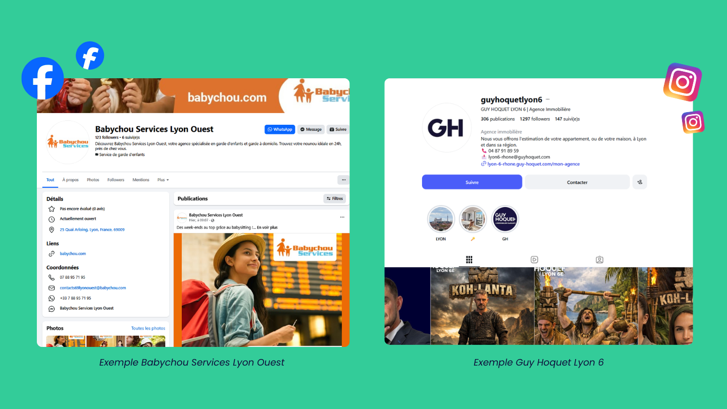Exemples de pages locales Babychou Services Lyon Ouest et Guy Hoquet Lyon 6 sur les réseaux sociaux