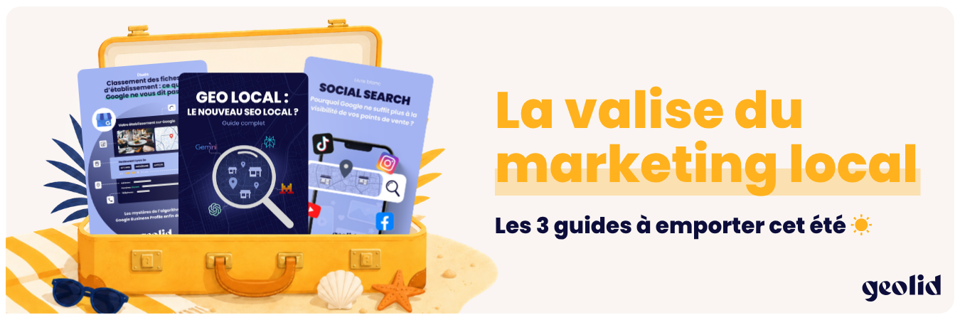 Valise du marketing local Geolid avec trois guides sur Google Maps, le GEO local et la Social Search