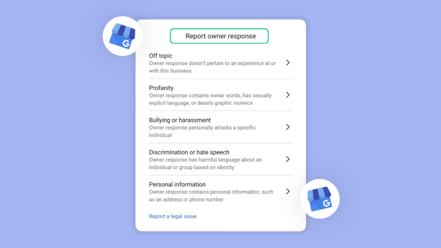 Option Report Owner Response permettant de signaler la réponse d’un établissement à un avis Google